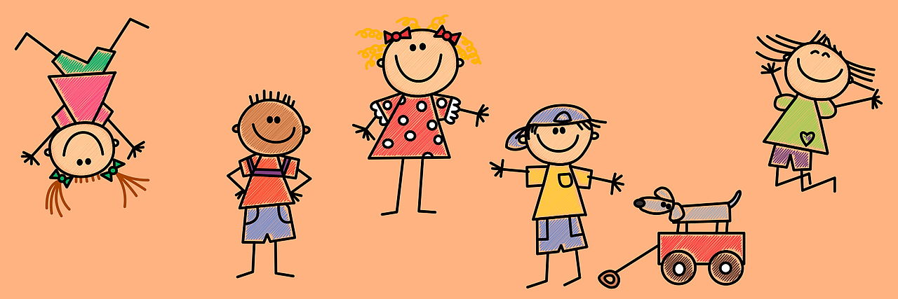 Fotomontage Kinder als Comicfiguren vor orangenem Hintergrund